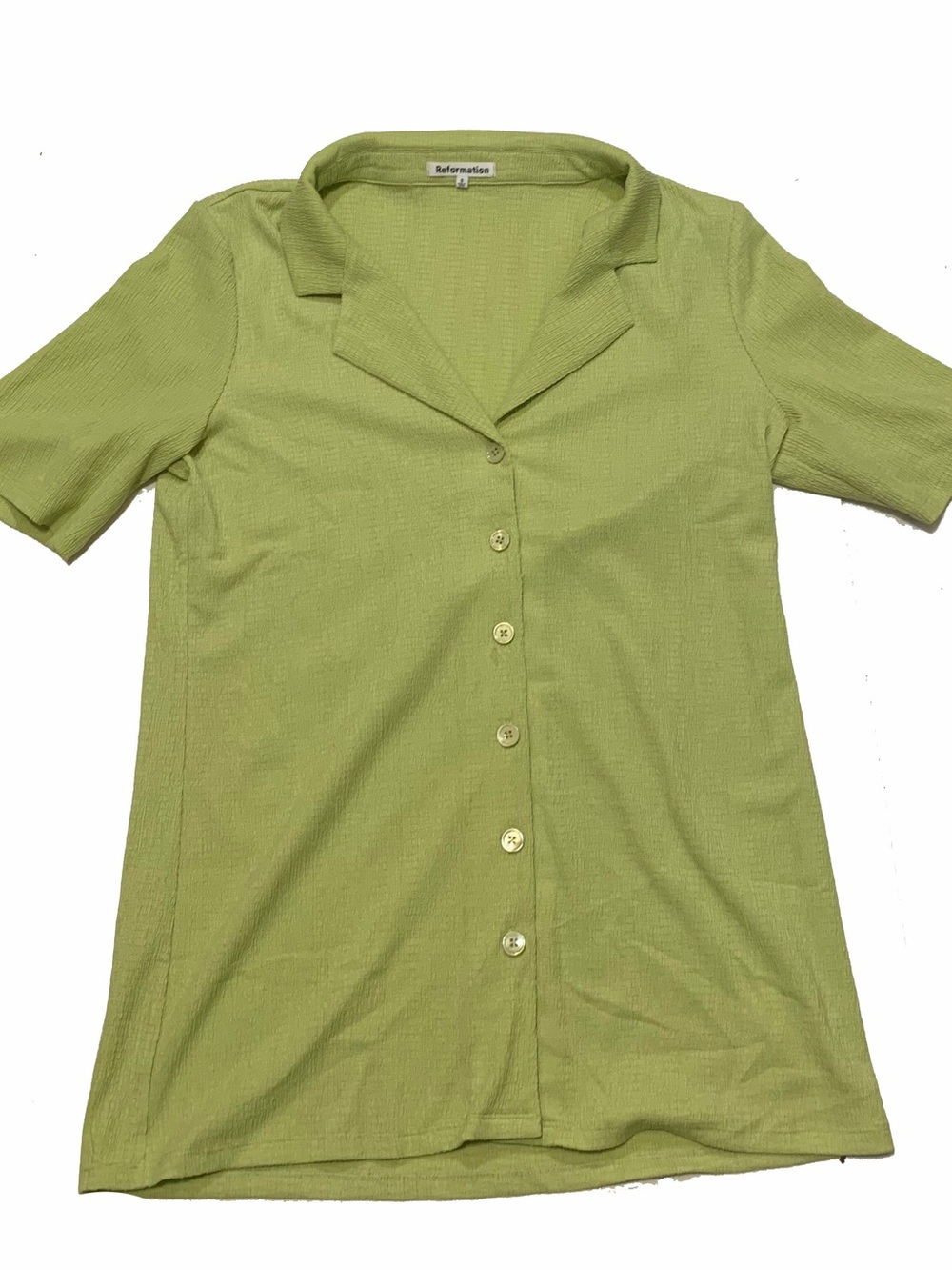 S / Reformation Light Green Short Sleeve Button-Front Top
